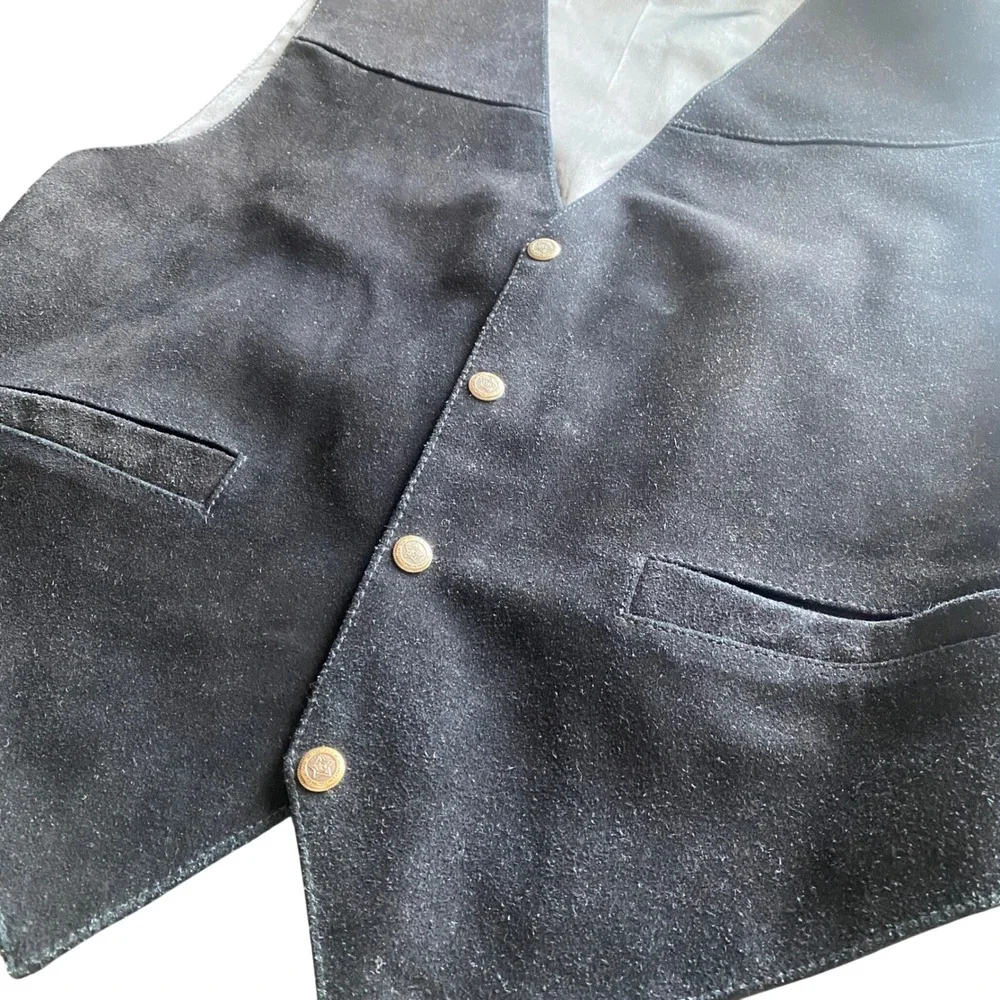 Falls Creek Vest Large Black Suede Leather Western Cowboy Cinch Back Vintage - Picture 2 of 9